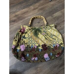 Nine West Medium Yellow Beaded Handbag Hot Pink Lined Black Wood Bead Handle